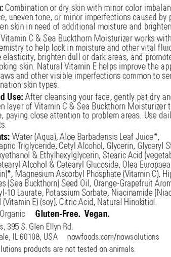 NOW Vitamin C & Sea Buckthorn Moisturizer ingredients list for hydrating dry or combination skin.