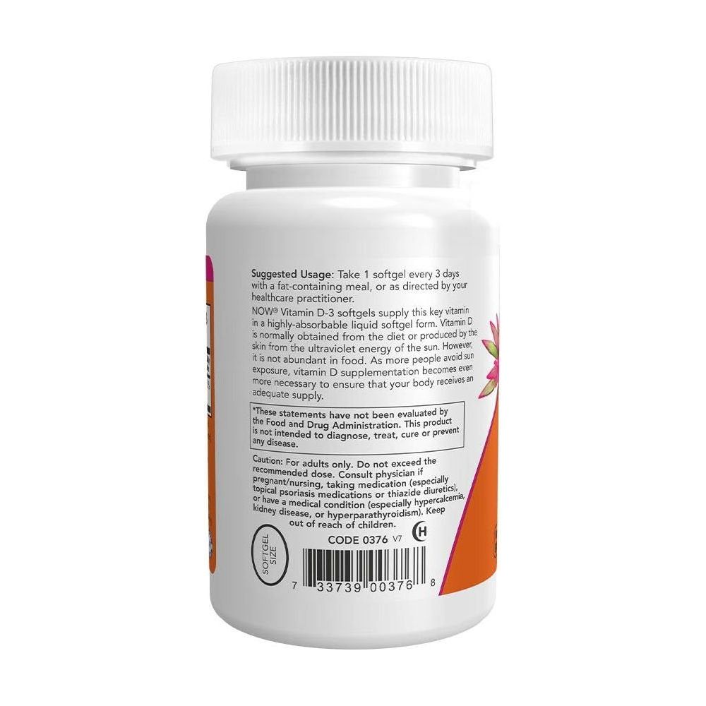 Now Foods Vitamin D-3 10,000 IU softgel bottle back label with usage instructions and supplement facts.