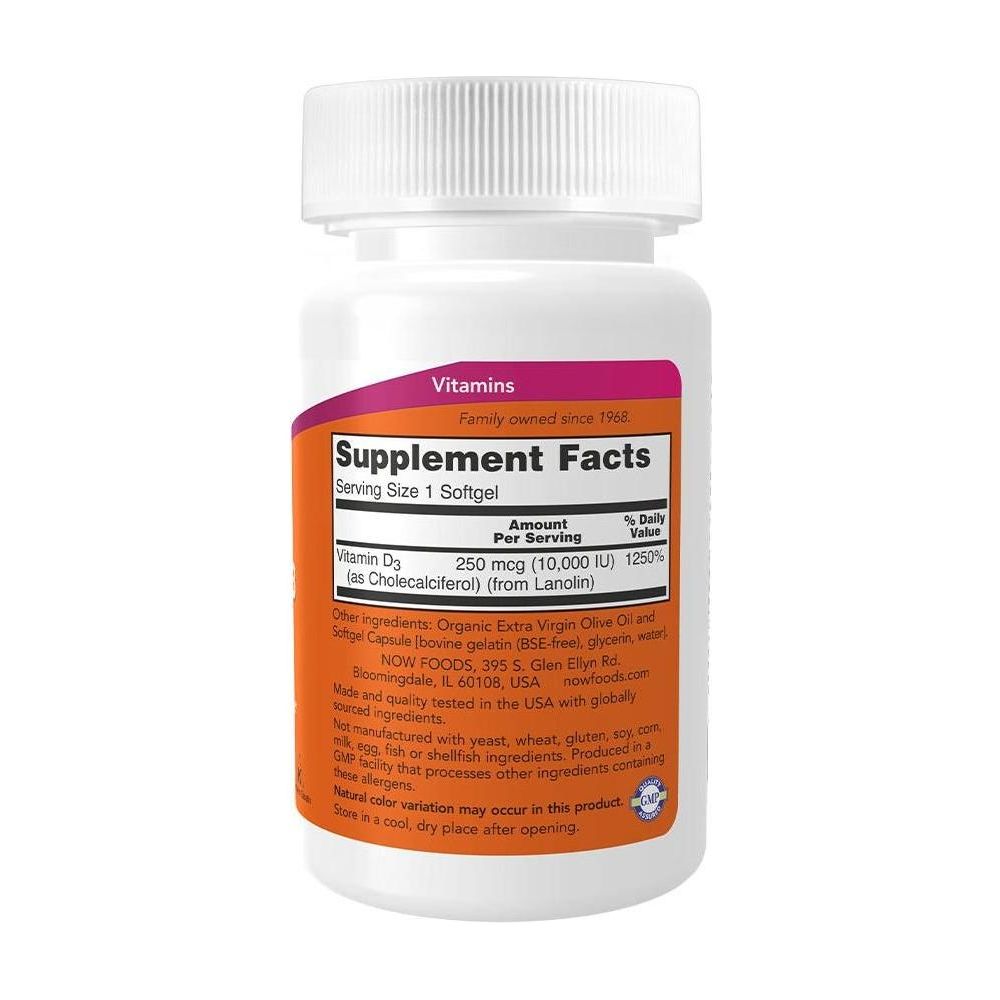 Now Foods Vitamin D-3 10,000 IU supplement facts label on orange bottle highlighting dosage and ingredients.