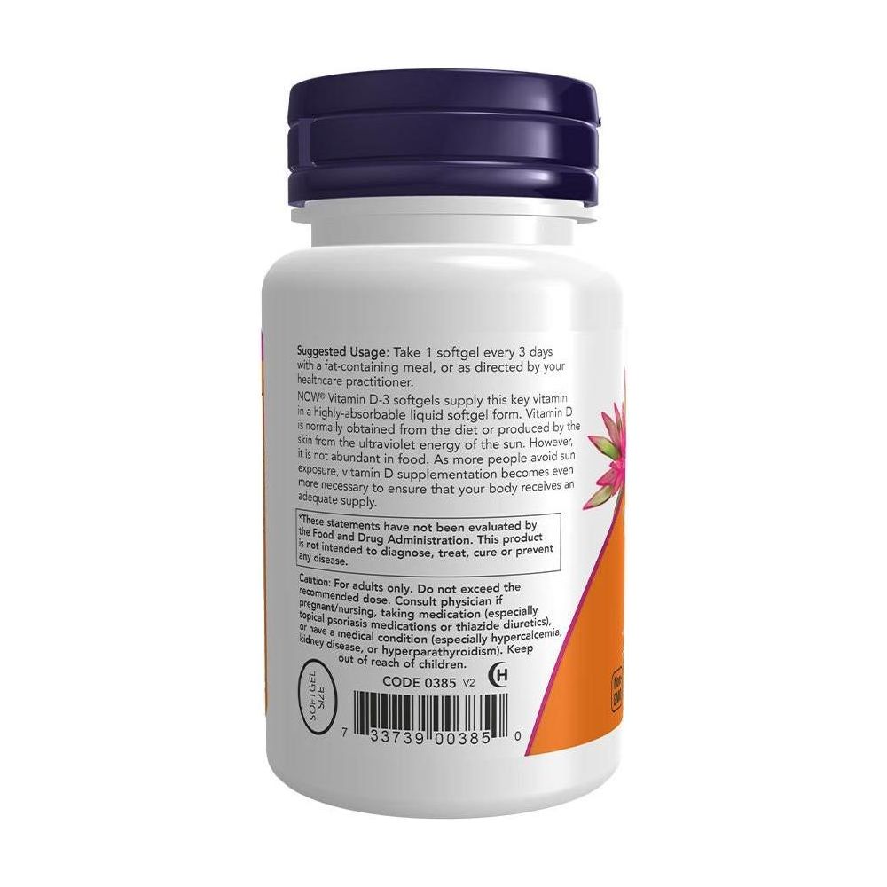 Back label of Now Foods Vitamin D-3 10,000 IU softgels showing usage instructions and nutritional information.
