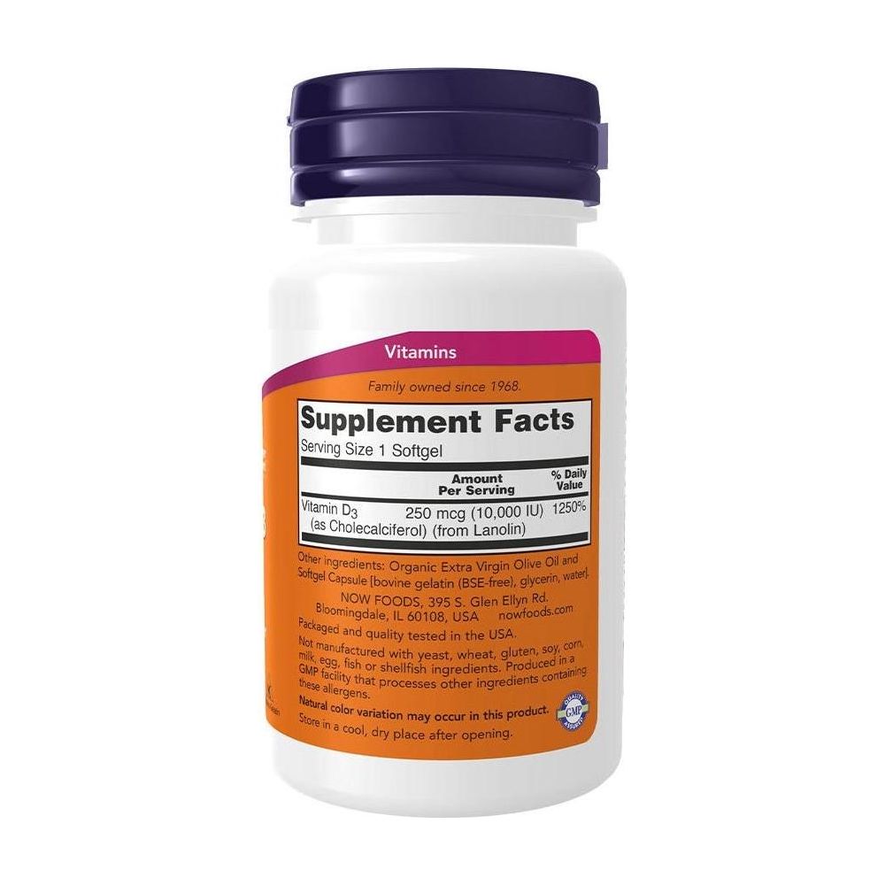 Now Foods Vitamin D-3 10,000 IU supplement facts on a bottle with softgel dosage instructions.