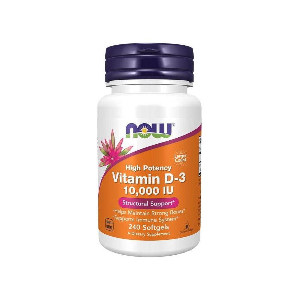 Now Foods Vitamin D-3 10,000 IU softgels bottle for strong bones and immune support, 240 count
