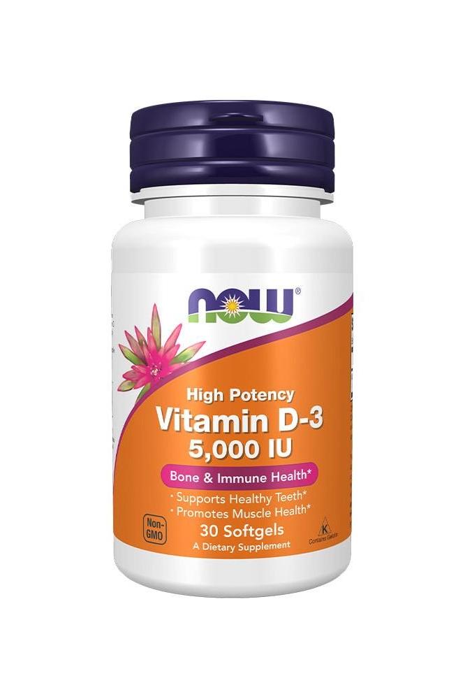 NOW Vitamin D-3 5,000 IU softgels for bone and immune health, 30 count dietary supplement.