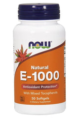 NOW Foods Vitamin E-1000 with Mixed Tocopherols, 50 softgels, antioxidant supplement for cell health.
