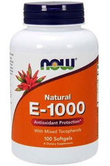 NOW Foods Vitamin E-1000 supplement bottle with mixed tocopherols for antioxidant protection.