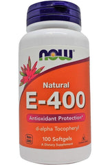 NOW Foods Vitamin E-400 softgels bottle, antioxidant protection, dietary supplement, 100 count.