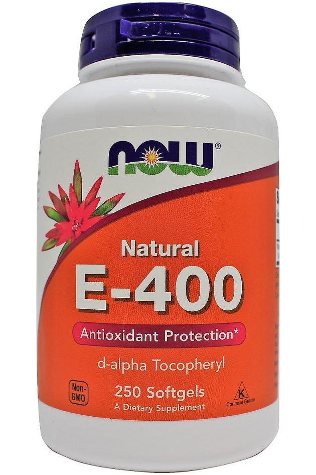 NOW Foods Vitamin E-400 softgels bottle, antioxidant dietary supplement, 250 count, non-GMO