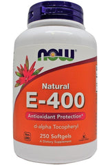 NOW Foods Vitamin E-400 softgels bottle, antioxidant dietary supplement, 250 count, non-GMO