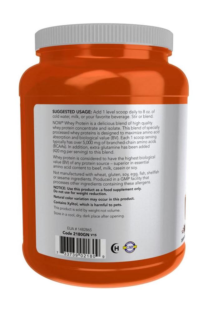Now Foods creamy chocolate whey protein tub with suggested usage instructions on label.