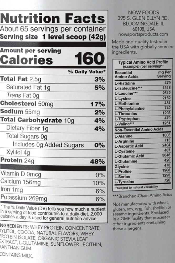 Nutrition facts for Now Foods Whey Protein Creamy Chocolate, highlighting calories, protein, and essential nutrients per serving.