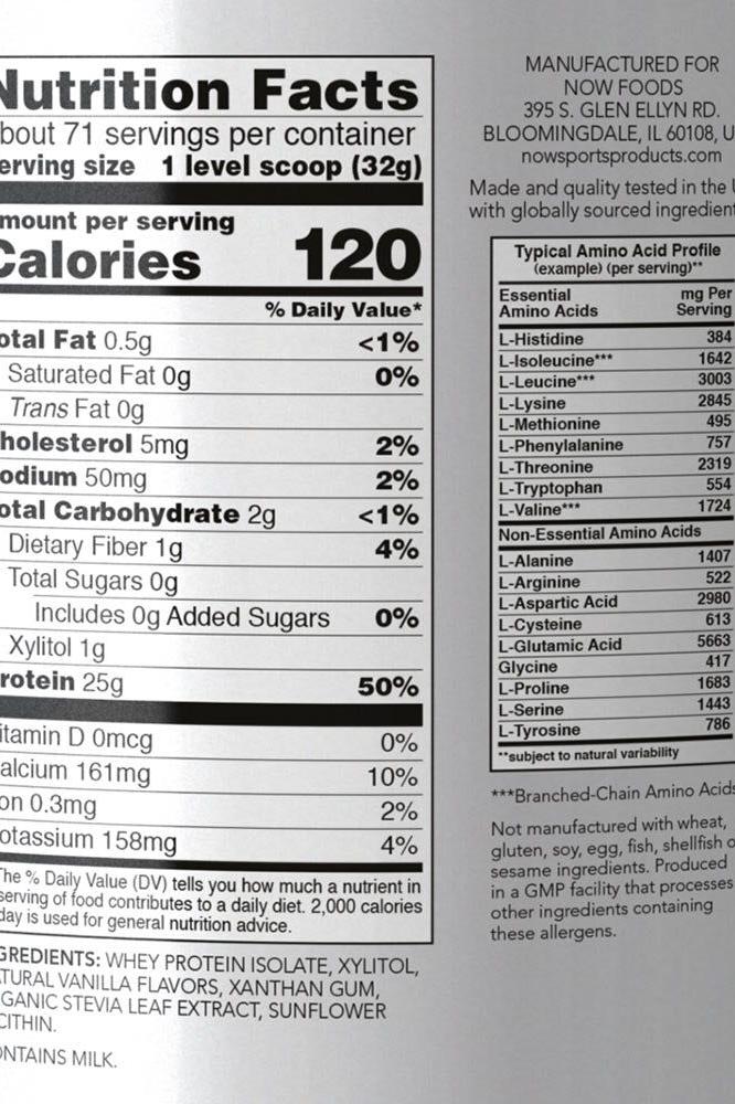 Nutrition facts for Now Foods Whey Protein Isolate, highlighting protein content and BCAA benefits.