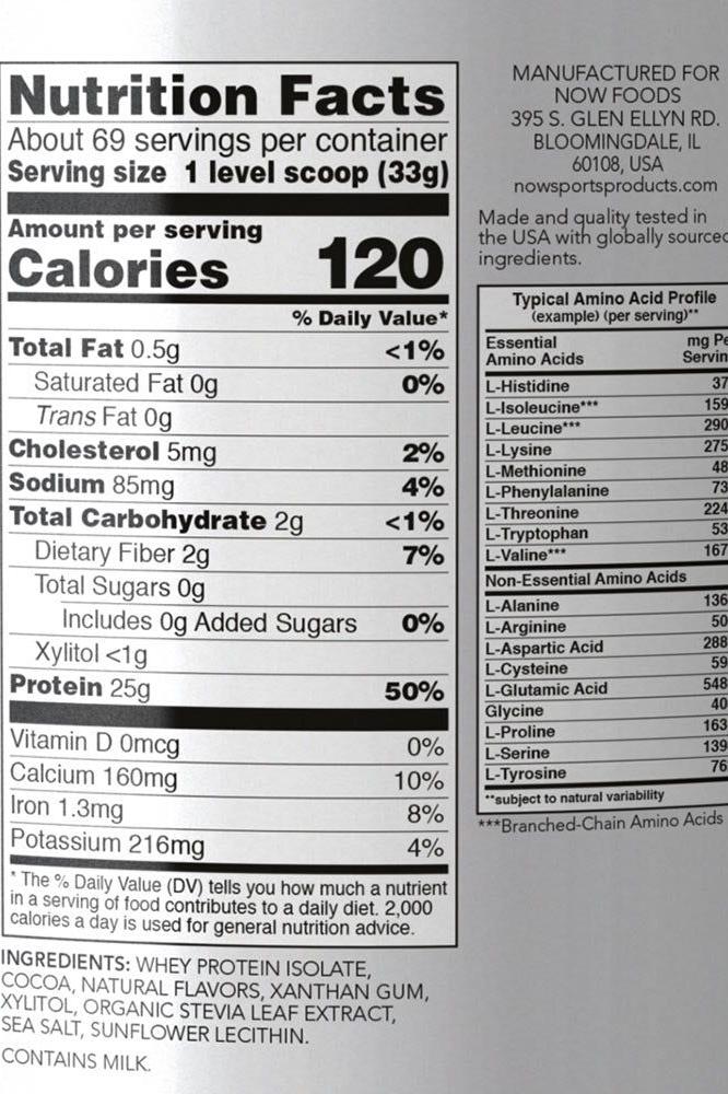 Nutritional label for Now Foods Whey Protein Isolate showing 120 calories and 25g protein per serving.