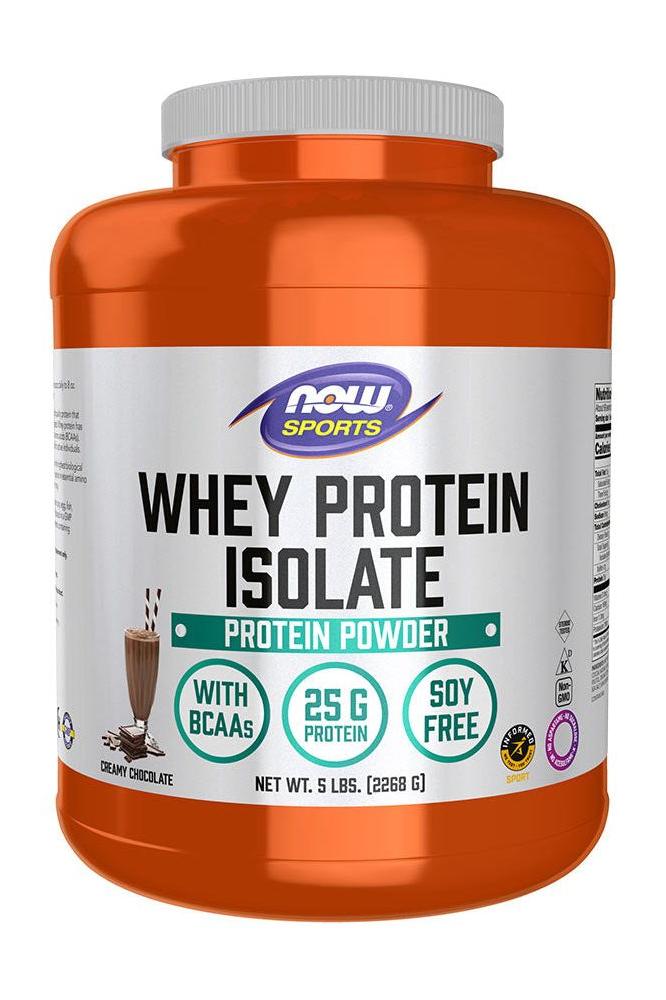 Now Foods Whey Protein Isolate, 5 lbs protein powder with BCAAs, creamy chocolate flavor, soy-free.