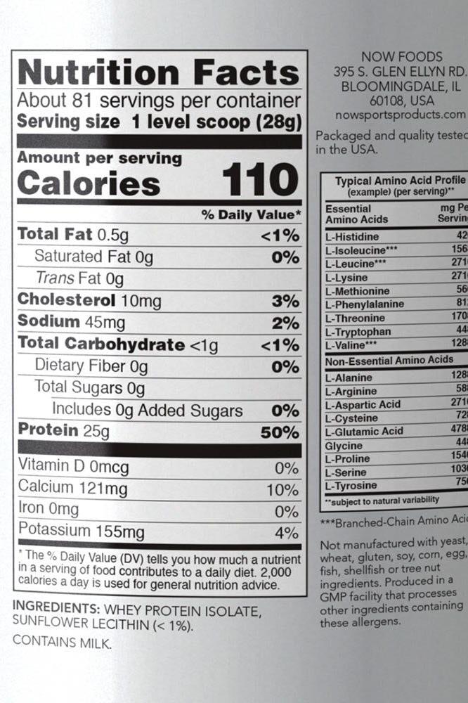 Nutrition facts label for Now Foods Whey Protein Isolate showing protein, calories, and other nutrients per serving.