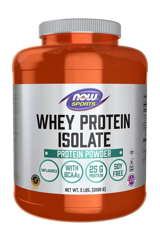 NOW Sports Whey Protein Isolate, 5 lbs protein powder, unflavored with BCAAs, contains 25g protein and is soy-free.