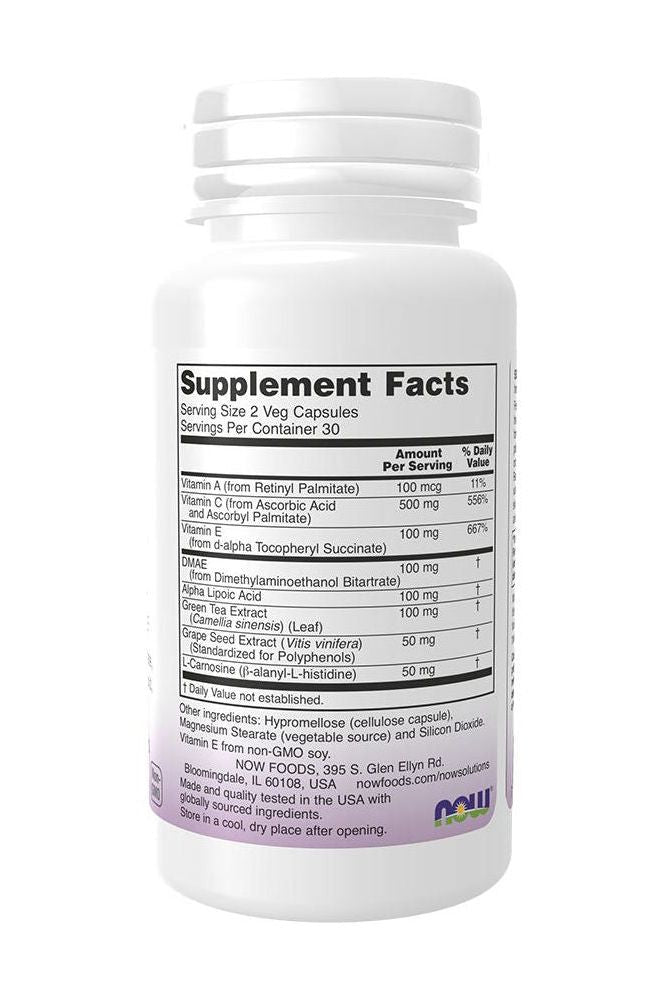 Supplement facts of Now Foods Wrinkle Rescue Veg Capsules, highlighting vitamins and antioxidants for skin health.