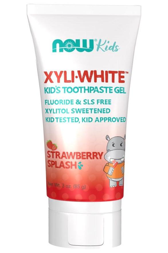 NOW Foods XyliWhite Kids toothpaste gel tube, fluoride & SLS free, strawberry flavor, kid approved.