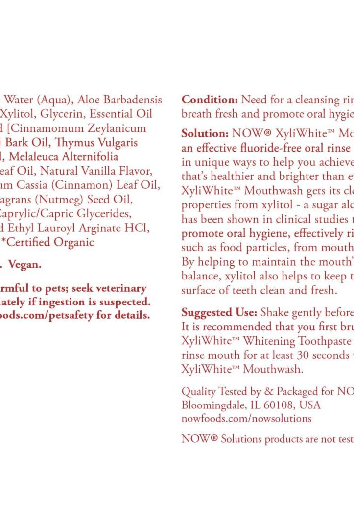Ingredients and usage instructions for Now Foods XyliWhite Refreshmint Mouthwash, promoting oral hygiene and freshness.