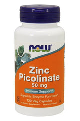 NOW Foods Zinc Picolinate 50 mg supplement bottle for immune support and enzyme function, containing 120 vegetarian capsules.