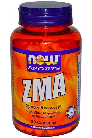 NOW Foods ZMA supplement bottle for sports recovery with zinc, magnesium, and vitamin B-6, 90 capsules.