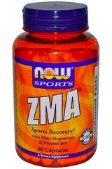 NOW Foods ZMA supplement bottle for sports recovery with zinc, magnesium, and vitamin B-6, 90 capsules.