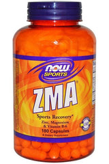 NOW Foods ZMA Sports Recovery supplement bottle with 180 capsules of zinc, magnesium, and vitamin B-6 for athletes.