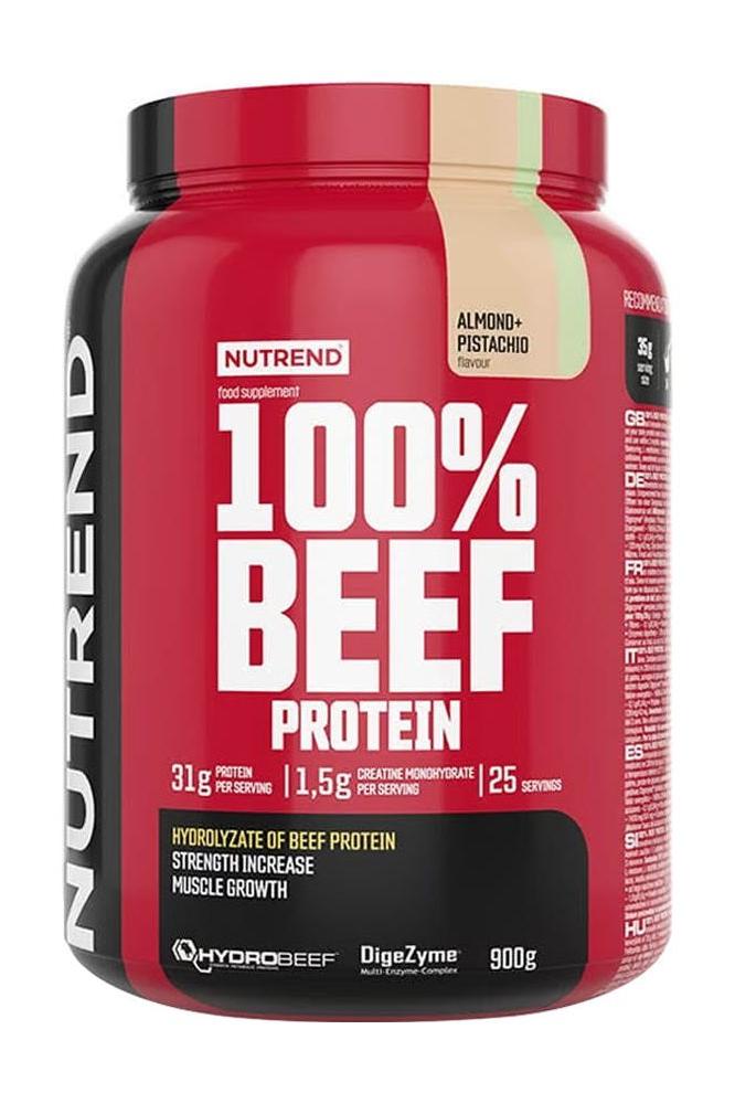 Nutrend 100% Beef Protein supplement jar with details on protein content and ingredients for muscle growth.