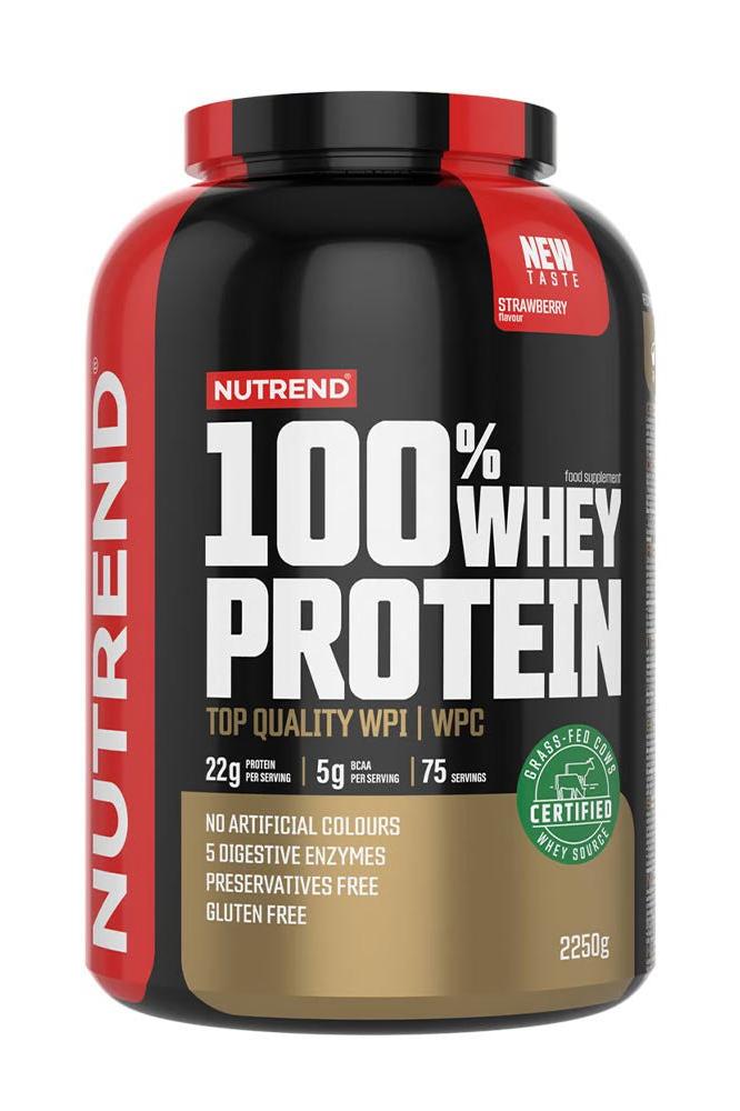 Nutrend 100% Whey Protein strawberry flavor, 2250g, featuring high-quality WPI and WPC with no artificial colors.