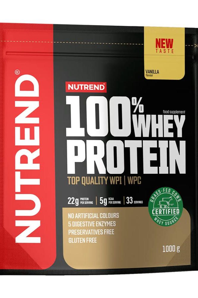 Nutrend 100% Whey Protein packaging featuring vanilla flavor with 22g protein per serving and gluten-free certification.