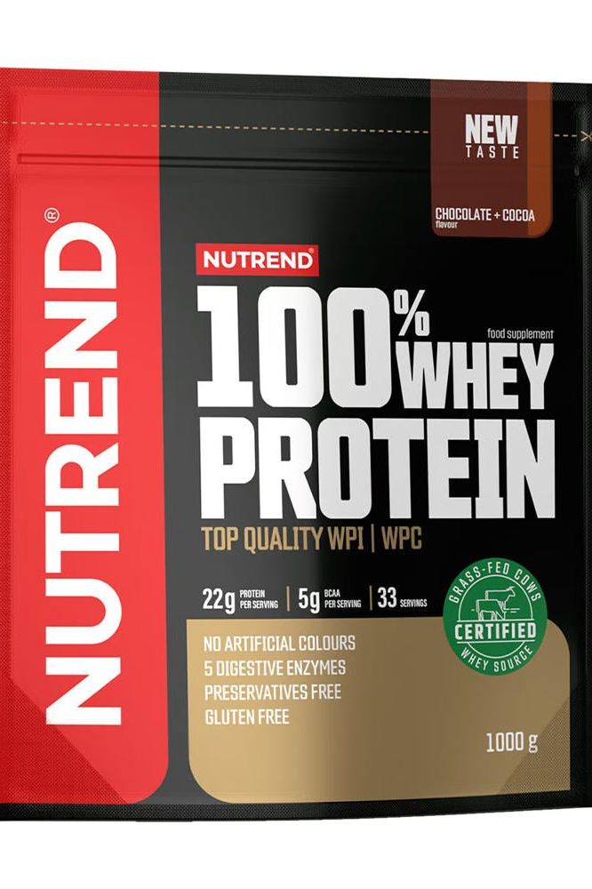 Nutrend 100% Whey Protein package featuring chocolate flavor with 22g protein per serving.