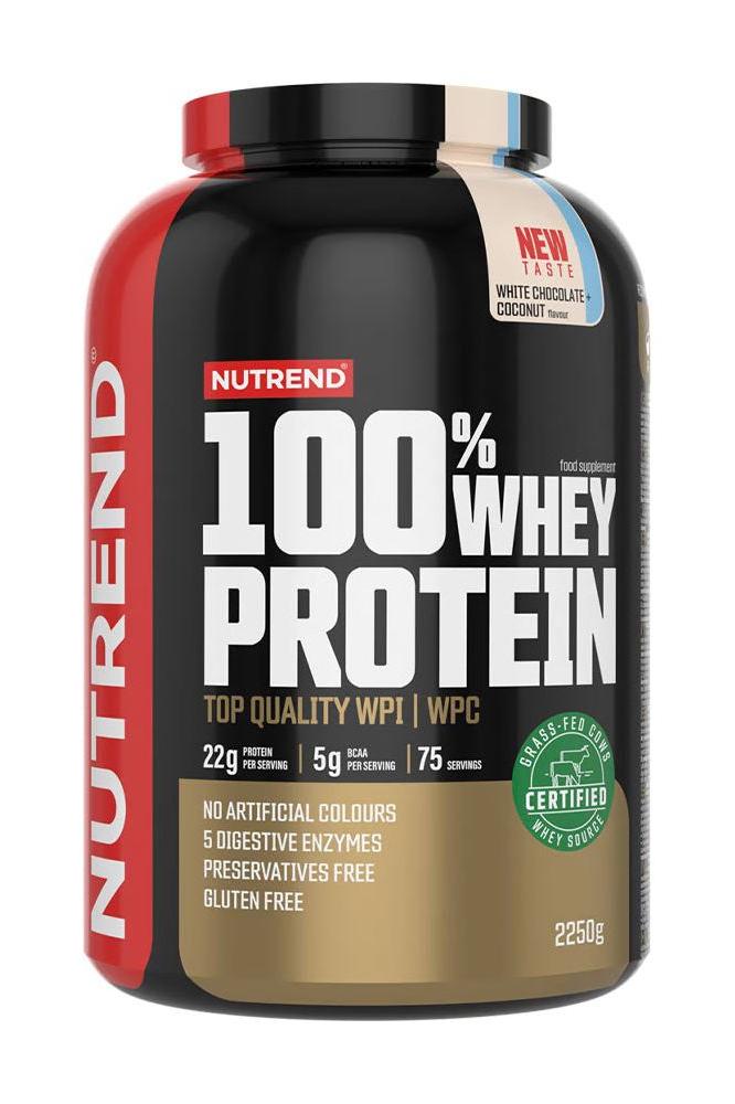 Nutrend 100% Whey Protein 2250g tub with nutritional information and gluten-free label.