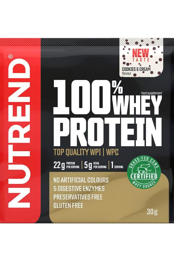 Nutrend 100% Whey Protein pack showcasing cookies & cream flavor, with 22g protein, gluten-free, and certified quality.