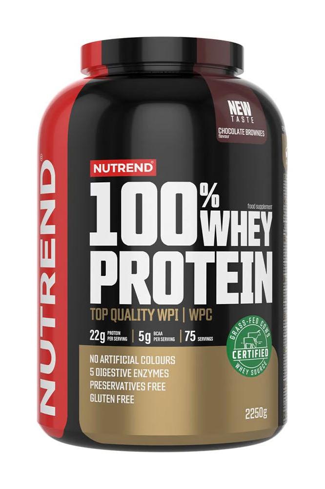 Nutrend 100% Whey Protein tub with top quality WPI and WPC, featuring no artificial colors and gluten-free.
