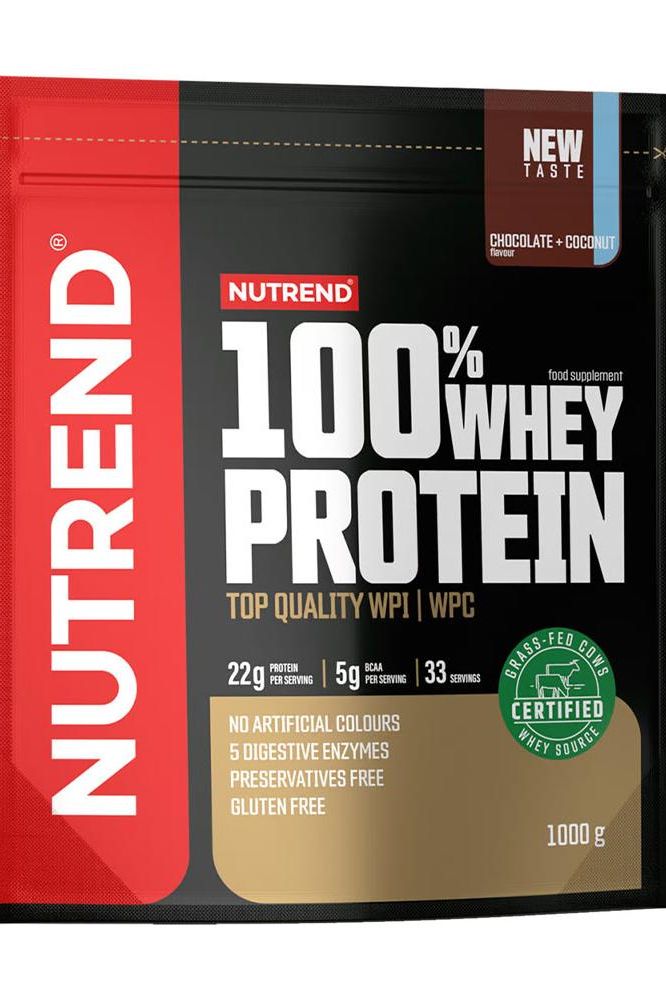 Nutrend 100% Whey Protein package - chocolate coconut flavor, featuring top quality WPI and WPC, gluten-free, and no preservatives.