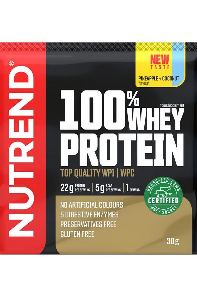 Nutrend 100% Whey Protein supplement package featuring pineapple-coconut flavor, high-quality WPI and WPC, gluten-free.