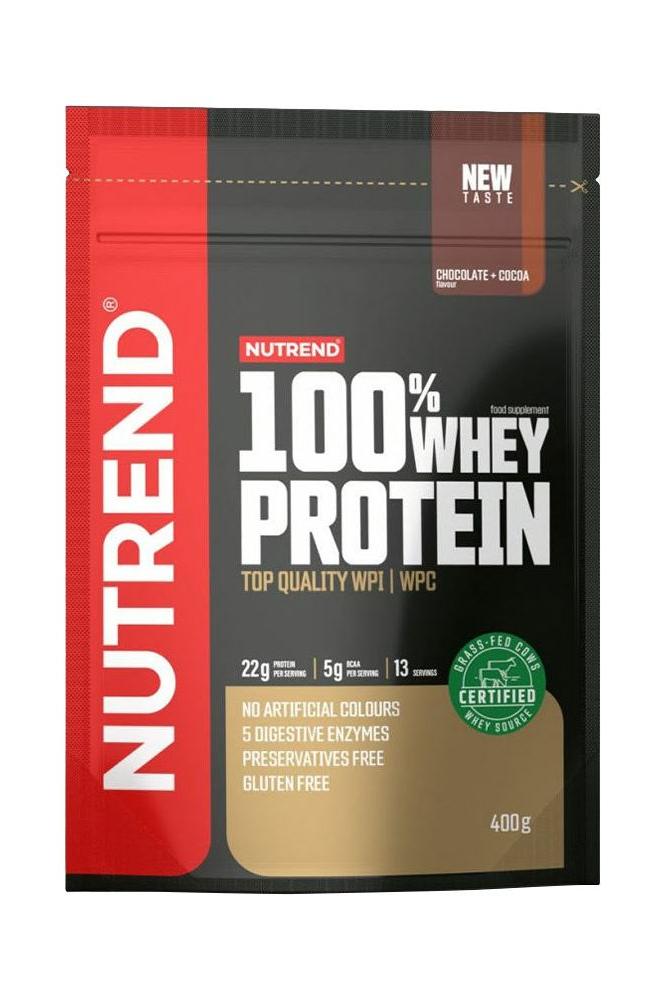 Nutrend 100% Whey Protein packaging, featuring chocolate flavor, top quality WPI and WPC for optimal training performance.