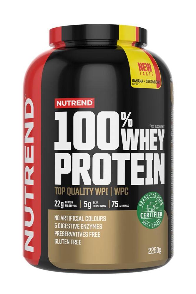 Nutrend 100% Whey Protein supplement, 2250g, featuring top quality WPI and WPC, banana-strawberry flavor, gluten-free.