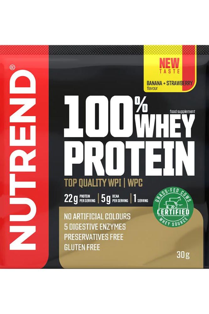 Nutrend 100% Whey Protein packet featuring banana and strawberry flavor, 22g protein, gluten-free, and no artificial colors.