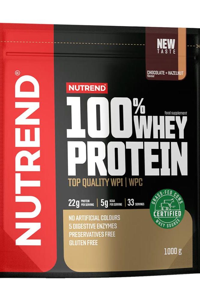 Nutrend 100% Whey Protein pack showcasing chocolate hazelnut flavor, premium WPI/WPC, gluten-free, 22g protein per serving.