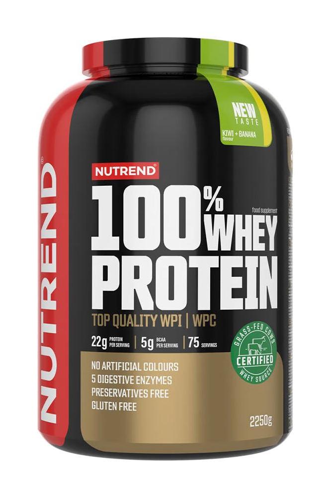 Nutrend 100% Whey Protein 2250g tub featuring top quality WPI and WPC for effective muscle recovery and training support.