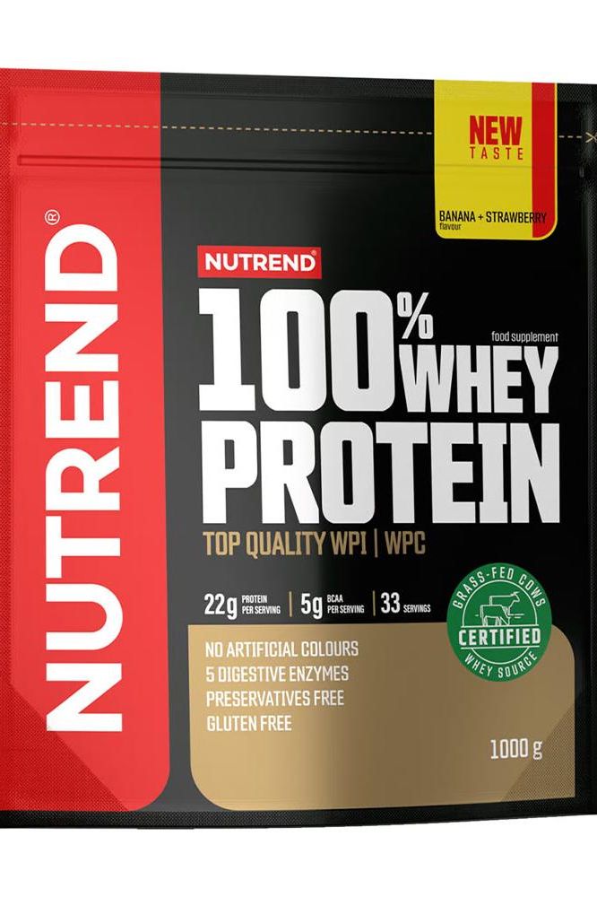 Nutrend 100% Whey Protein powder bag with banana-strawberry flavor, featuring nutrition facts and gluten-free label.