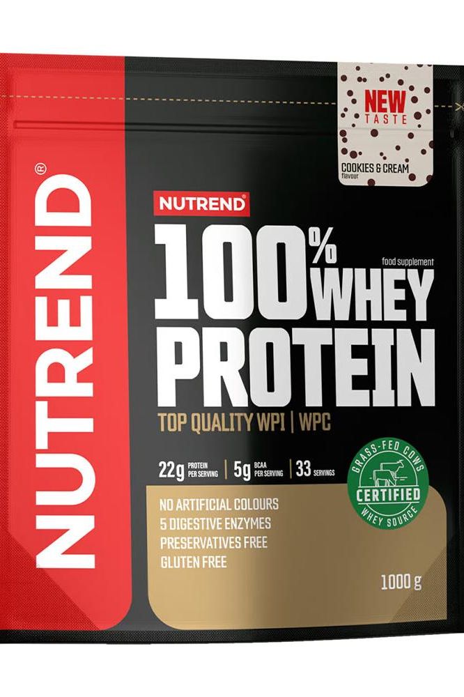 Nutrend 100% Whey Protein packaging, featuring Cookies & Cream flavor, 22g protein per serving, gluten-free, and certified quality.