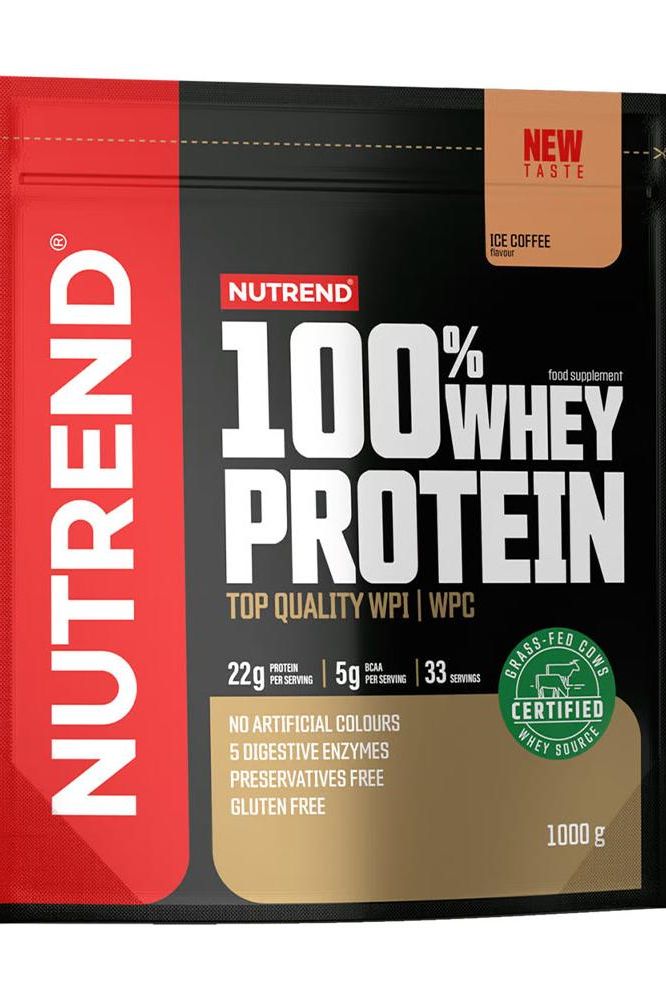 Nutrend 100% Whey Protein bag featuring ice coffee flavor and highlighting protein content and clean formulation.