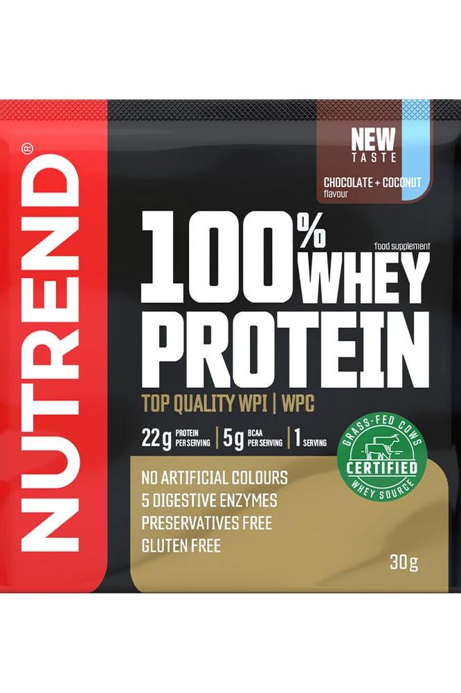 Nutrend 100% Whey Protein chocolate coconut flavor packaging with 22g protein per serving, gluten-free and preservative-free.