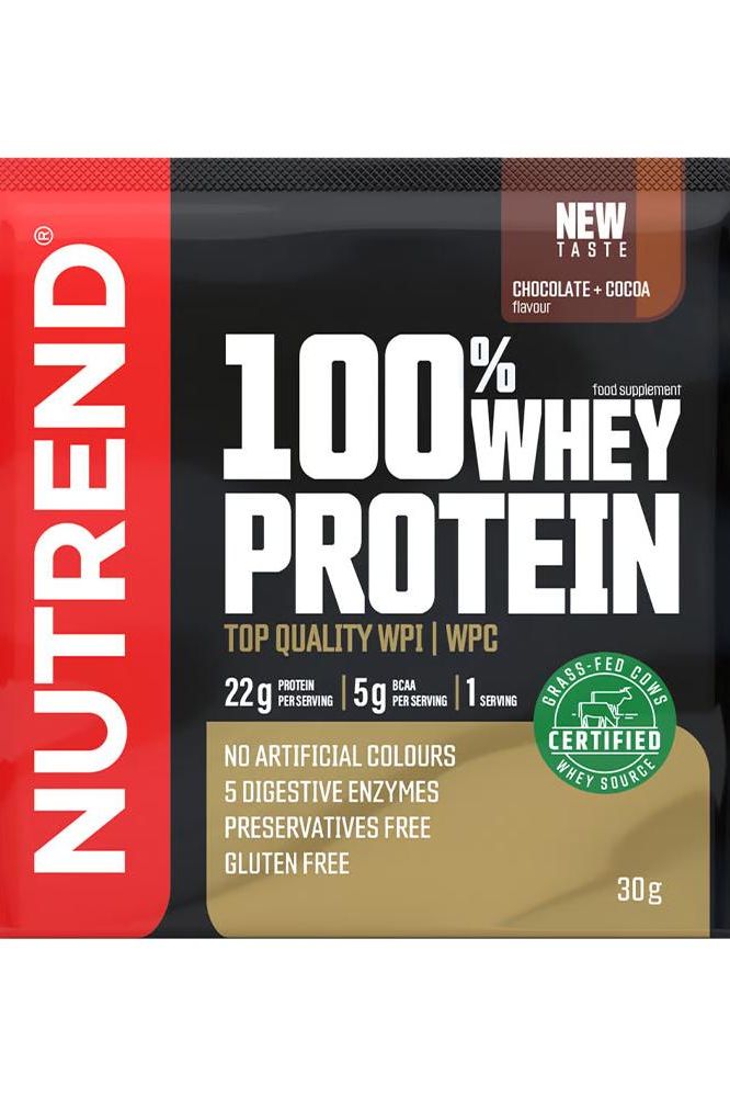 Nutrend 100% Whey Protein pack in chocolate flavor, featuring premium WPI and WPC, gluten-free with no artificial colors.