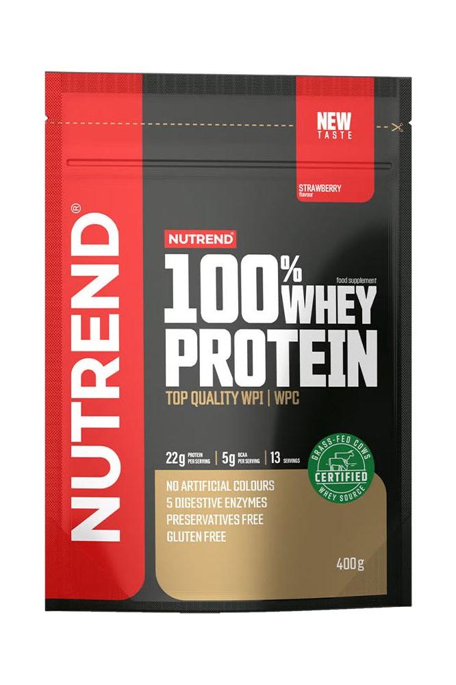 Nutrend 100% Whey Protein packaging, 400g, featuring top quality WPI and WPC, gluten free with no artificial colors.