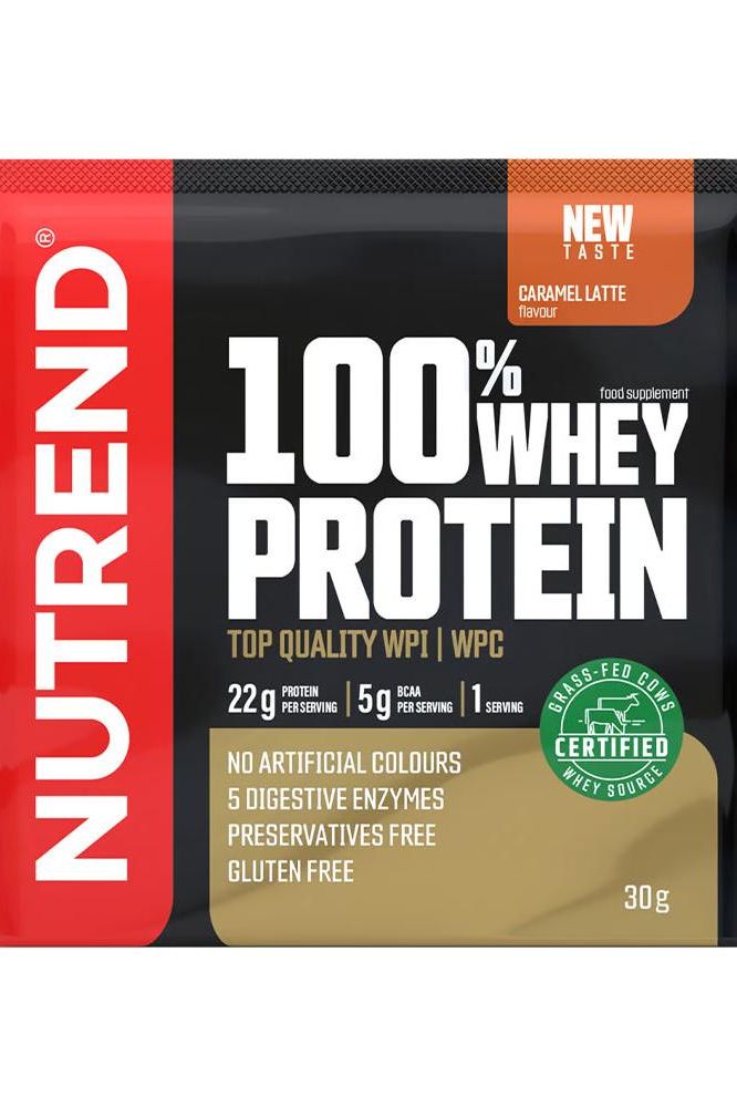 Nutrend 100% Whey Protein pack with caramel latte flavor, gluten-free, high quality WPI and WPC, 22g protein per serving.
