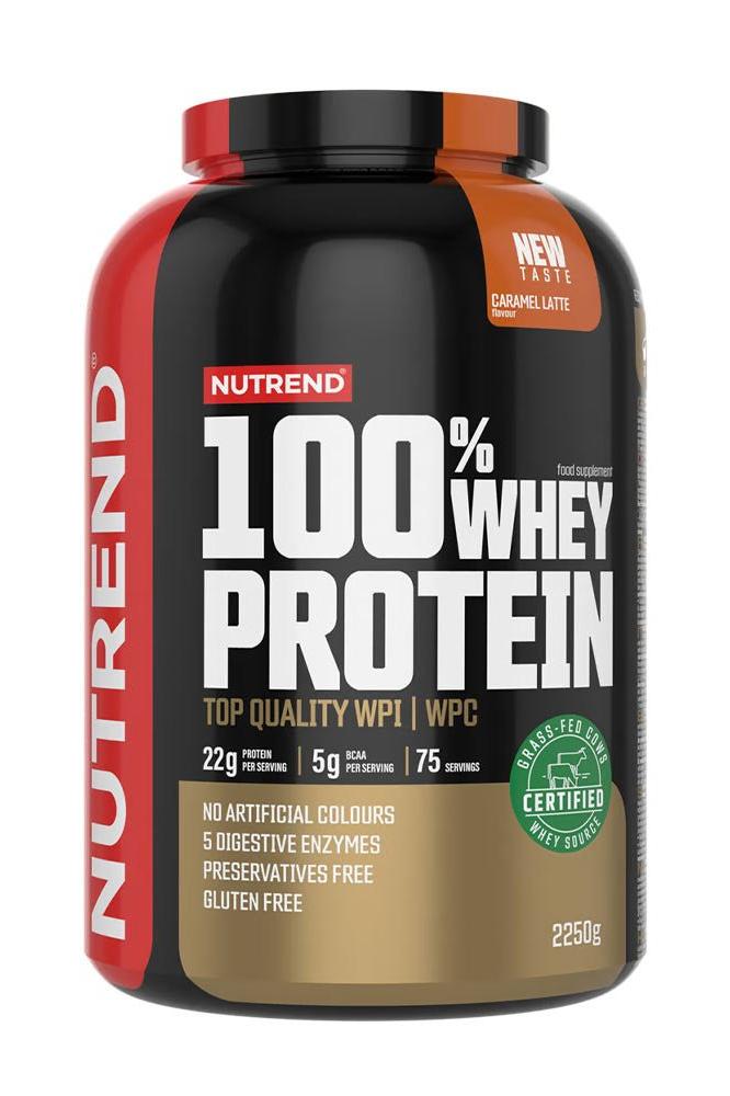 Nutrend 100% Whey Protein in Caramel Latte flavor, featuring premium WPI and WPC, 22g protein per serving, gluten-free.