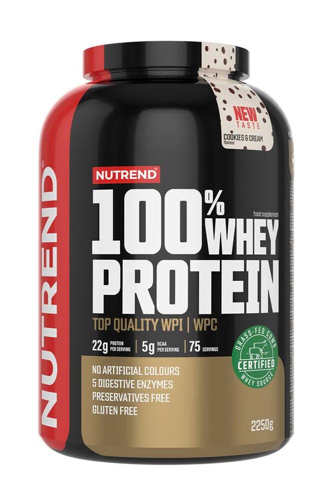 Nutrend 100% Whey Protein powder container, high-quality WPI and WPC, 22g protein per serving, gluten-free, 2250g.