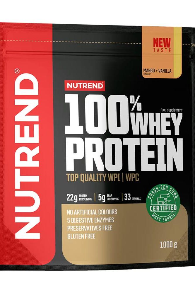 Nutrend 100% Whey Protein pack featuring mango-vanilla flavor, 22g protein, gluten-free, and certified.